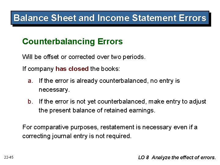 Balance Sheet and Income Statement Errors Counterbalancing Errors Will be offset or corrected over Balance Sheet and Income Statement Errors Counterbalancing Errors Will be offset or corrected over