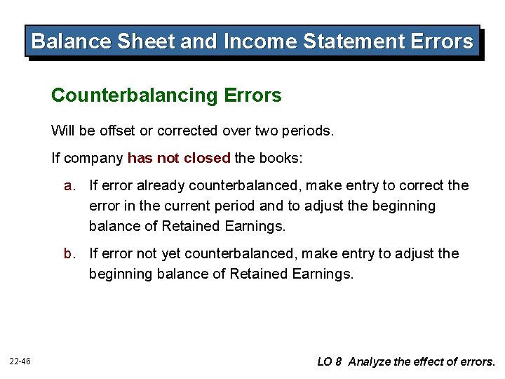 Balance Sheet and Income Statement Errors Counterbalancing Errors Will be offset or corrected over Balance Sheet and Income Statement Errors Counterbalancing Errors Will be offset or corrected over