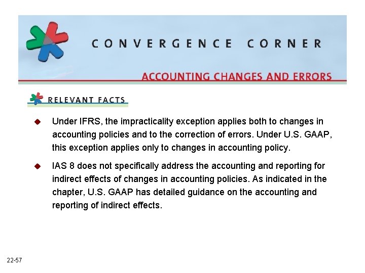 22 -57 u Under IFRS, the impracticality exception applies both to changes in accounting 22 -57 u Under IFRS, the impracticality exception applies both to changes in accounting
