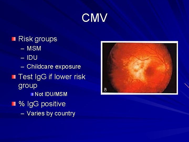 CMV Risk groups – MSM – IDU – Childcare exposure Test Ig. G if