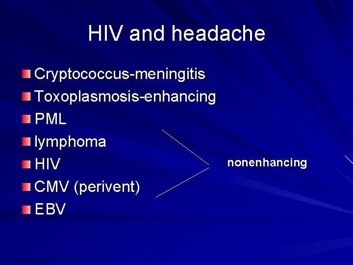 HIV and headache Cryptococcus-meningitis Toxoplasmosis-enhancing PML lymphoma HIV CMV (perivent) EBV nonenhancing 