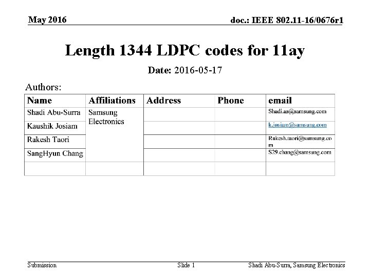 May 2016 doc. : IEEE 802. 11 -16/0676 r 1 Length 1344 LDPC codes