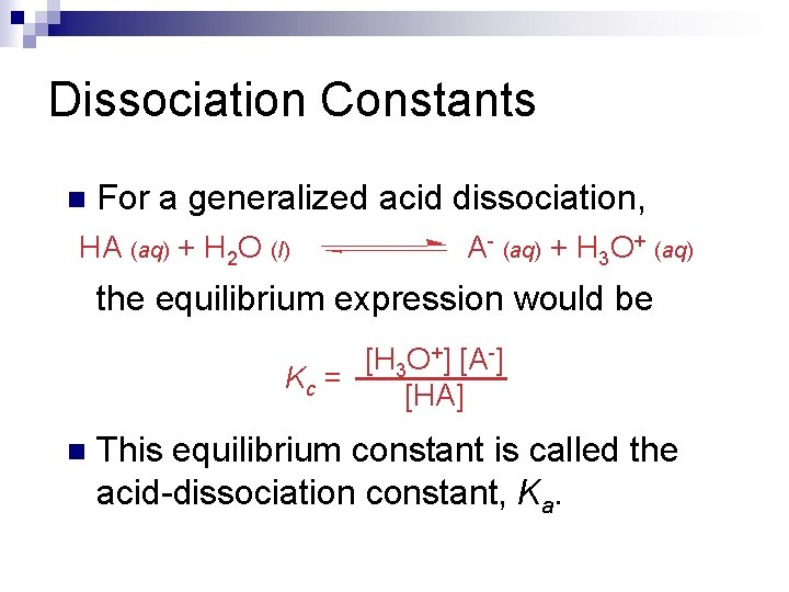 Dissociation Constants n For a generalized acid dissociation, HA (aq) + H 2 O Dissociation Constants n For a generalized acid dissociation, HA (aq) + H 2 O