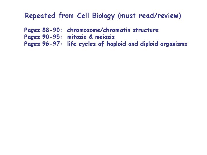 Repeated from Cell Biology (must read/review) Pages 88 -90: chromosome/chromatin structure Pages 90 -95: