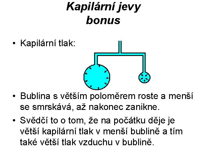 Kapilární jevy bonus • Kapilární tlak: • Bublina s větším poloměrem roste a menší