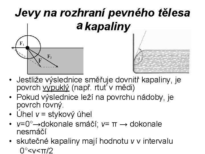 Jevy na rozhraní pevného tělesa a kapaliny • Jestliže výslednice směřuje dovnitř kapaliny, je