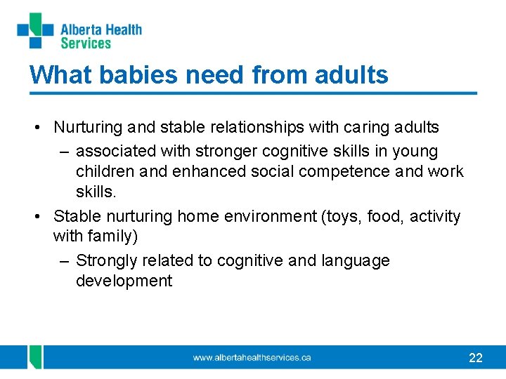What babies need from adults • Nurturing and stable relationships with caring adults –