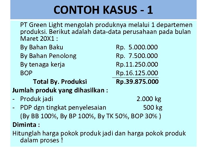 CONTOH KASUS - 1 PT Green Light mengolah produknya melalui 1 departemen produksi. Berikut