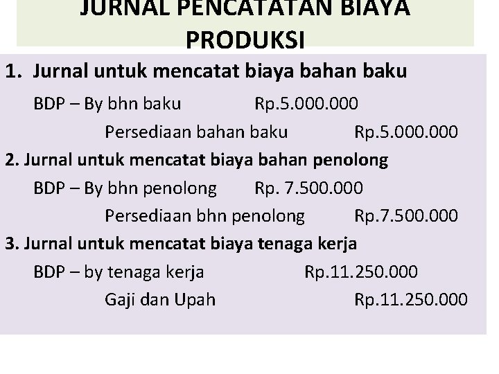 JURNAL PENCATATAN BIAYA PRODUKSI 1. Jurnal untuk mencatat biaya bahan baku BDP – By