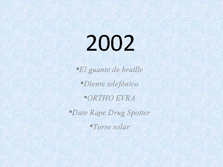 2002 • El guante de braille • Diente telefónico • ORTHO EVRA • Date
