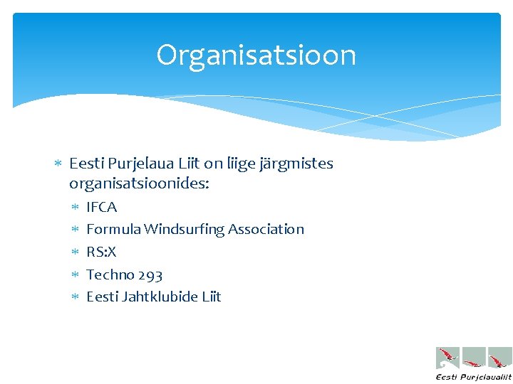 Organisatsioon Eesti Purjelaua Liit on liige järgmistes organisatsioonides: IFCA Formula Windsurfing Association RS: X