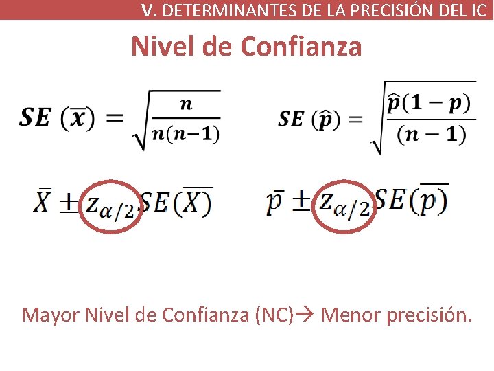 V. DETERMINANTES DE LA PRECISIÓN DEL IC Nivel de Confianza Mayor Nivel de Confianza V. DETERMINANTES DE LA PRECISIÓN DEL IC Nivel de Confianza Mayor Nivel de Confianza