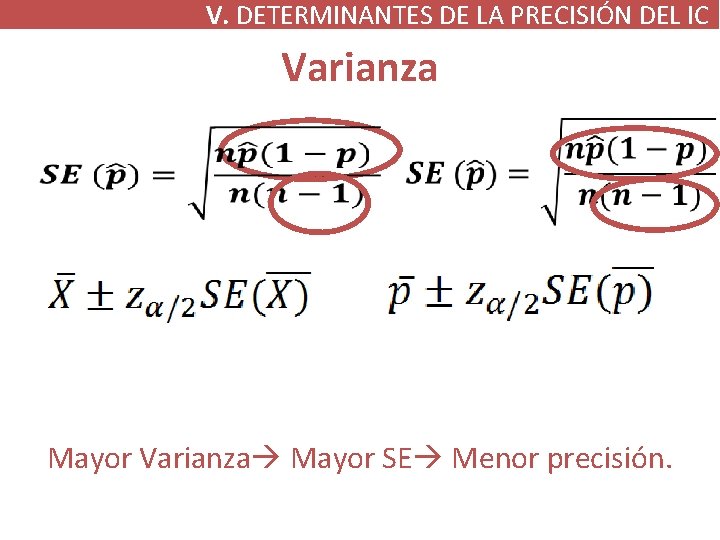 V. DETERMINANTES DE LA PRECISIÓN DEL IC Varianza Mayor Varianza Mayor SE Menor precisión.