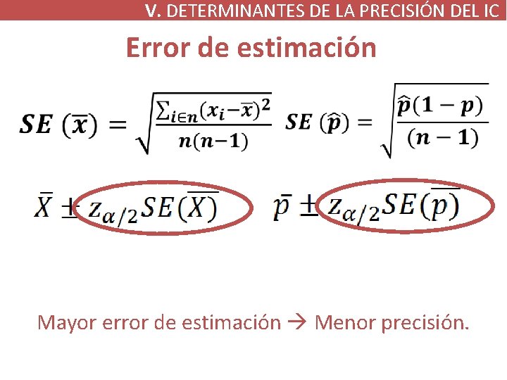 V. DETERMINANTES DE LA PRECISIÓN DEL IC Error de estimación Mayor error de estimación V. DETERMINANTES DE LA PRECISIÓN DEL IC Error de estimación Mayor error de estimación