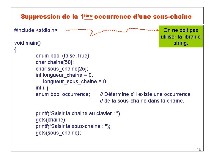  Suppression de la 1 ière occurrence d’une sous-chaîne #include <stdio. h> On ne