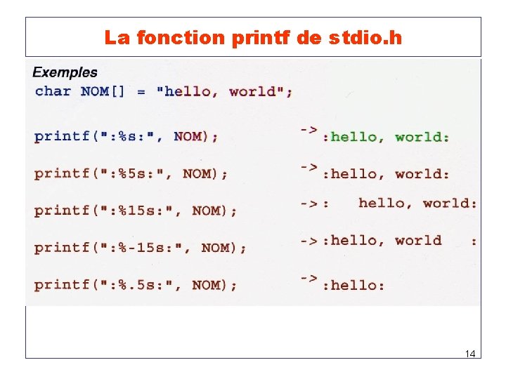 La fonction printf de stdio. h 14 