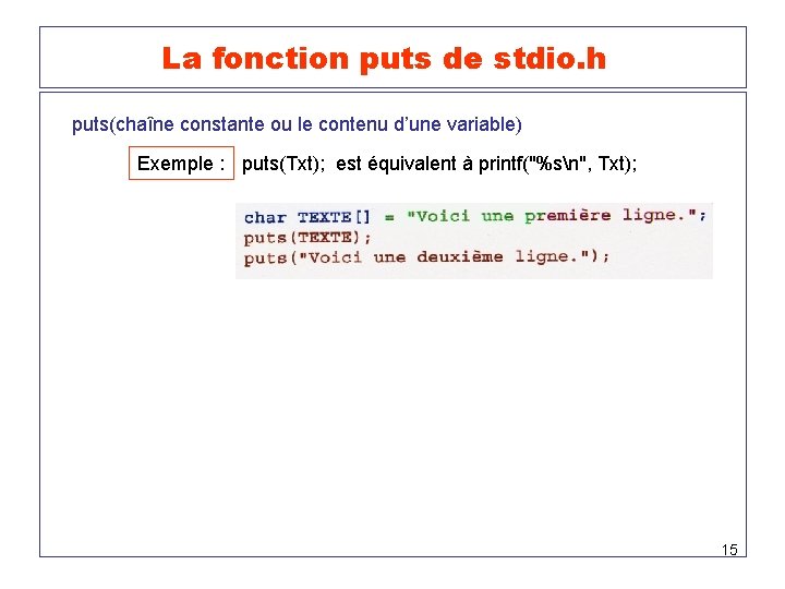 La fonction puts de stdio. h puts(chaîne constante ou le contenu d’une variable) Exemple