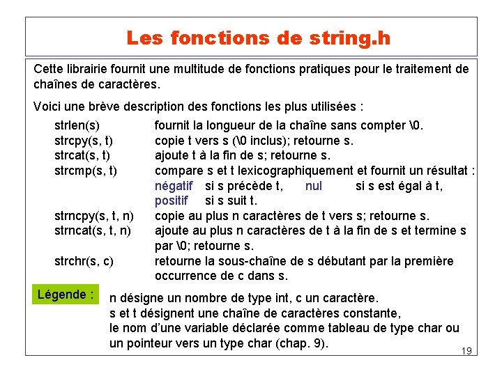 Les fonctions de string. h Cette librairie fournit une multitude de fonctions pratiques pour