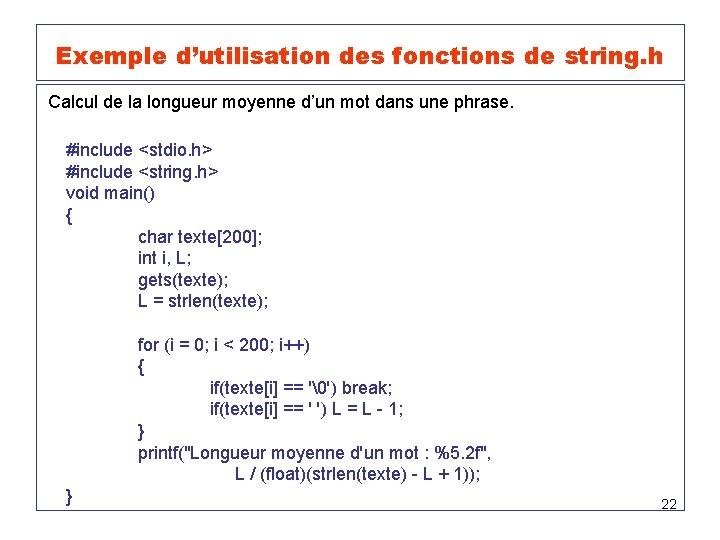  fonctions de string. h Exemple d’utilisation des Calcul de la longueur moyenne d’un