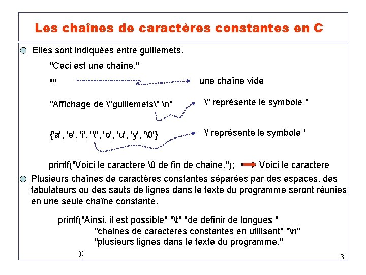  Les chaînes de caractères constantes en C Elles sont indiquées entre guillemets. "Ceci