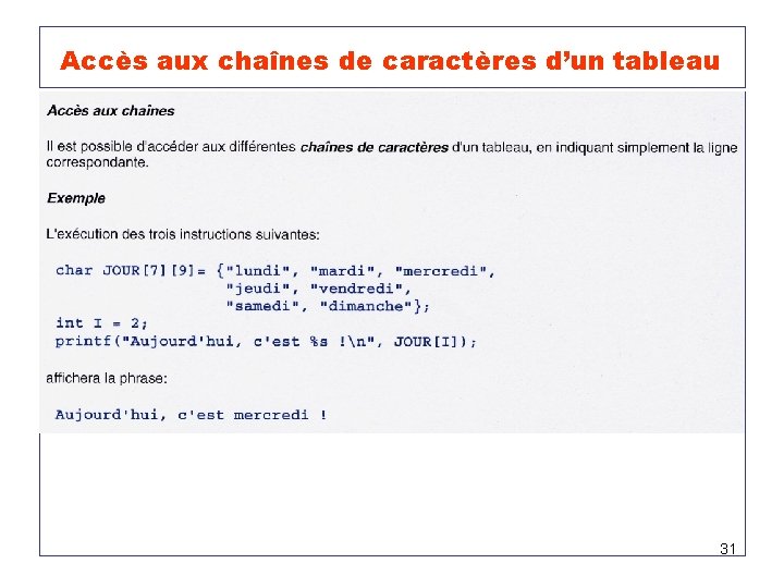  Accès aux chaînes de caractères d’un tableau 31 