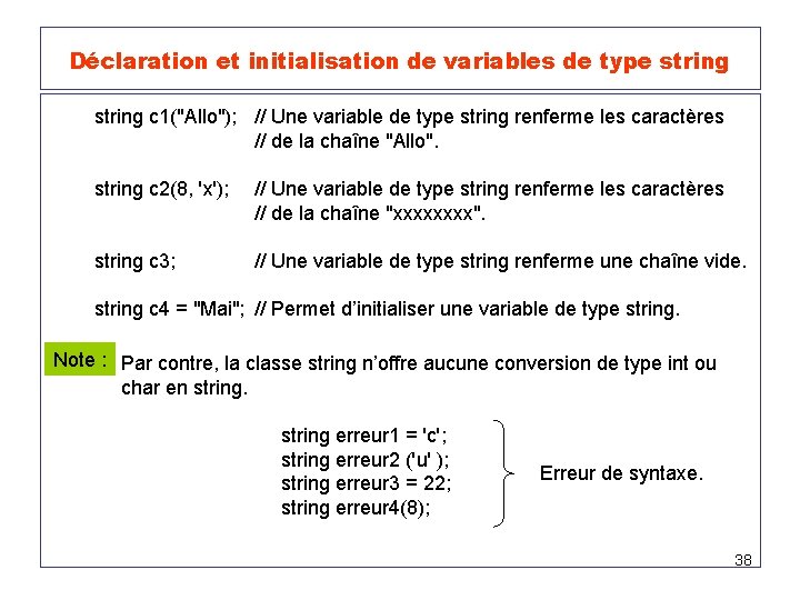  Déclaration et initialisation de variables de type string c 1("Allo"); // Une variable