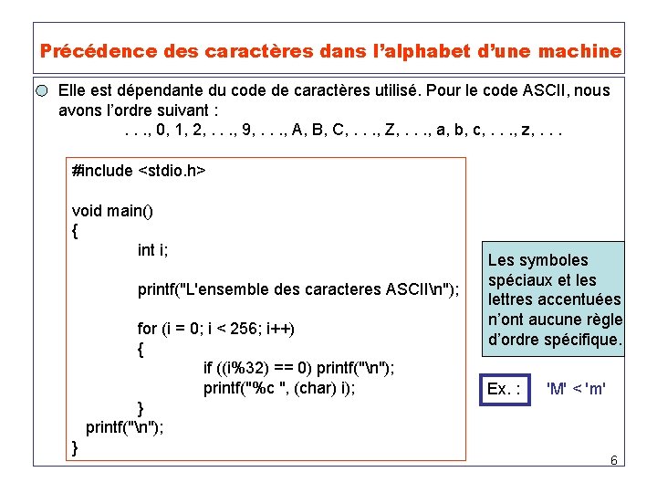  Précédence des caractères dans l’alphabet d’une machine Elle est dépendante du code de