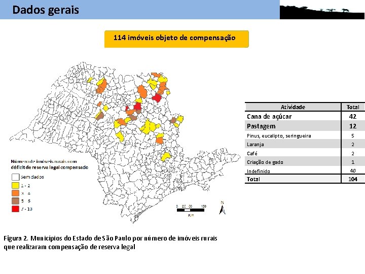 Dados gerais 114 imóveis objeto de compensação Atividade Cana de açúcar Pastagem 42 12