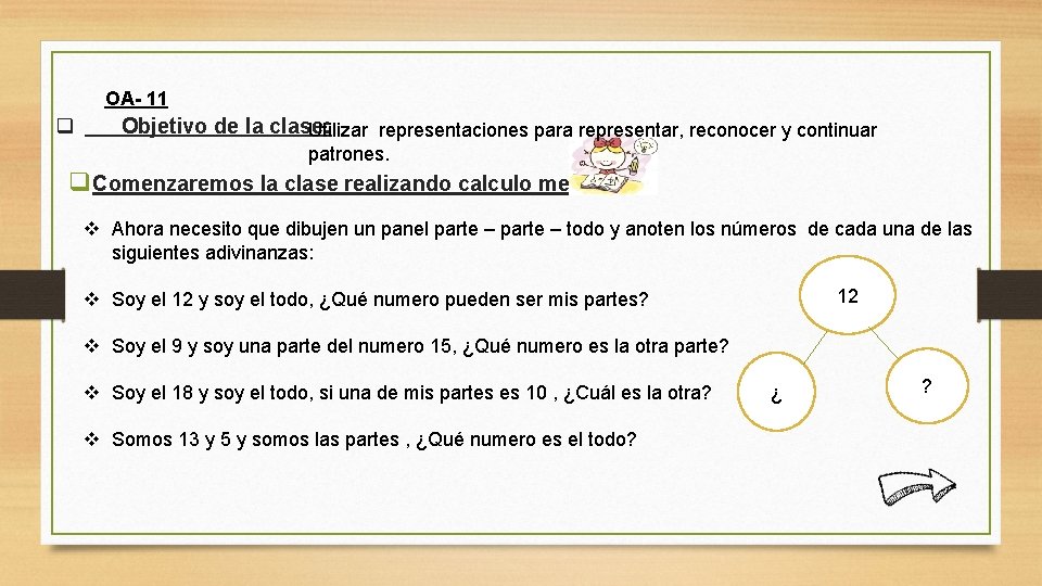 OA- 11 q Objetivo de la clase: Utilizar representaciones para representar, reconocer y continuar OA- 11 q Objetivo de la clase: Utilizar representaciones para representar, reconocer y continuar
