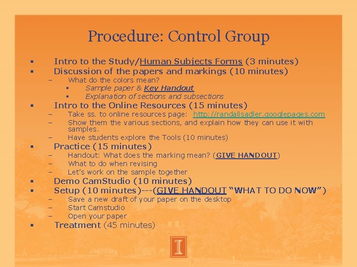 Procedure: Control Group – – – Intro to the Study/Human Subjects Forms (3 minutes) Procedure: Control Group – – – Intro to the Study/Human Subjects Forms (3 minutes)
