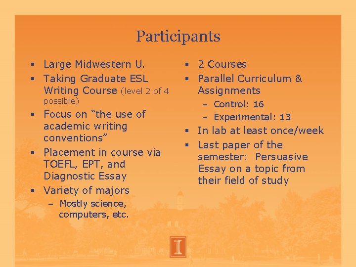 Participants Large Midwestern U. Taking Graduate ESL Writing Course (level 2 of 4 possible) Participants Large Midwestern U. Taking Graduate ESL Writing Course (level 2 of 4 possible)