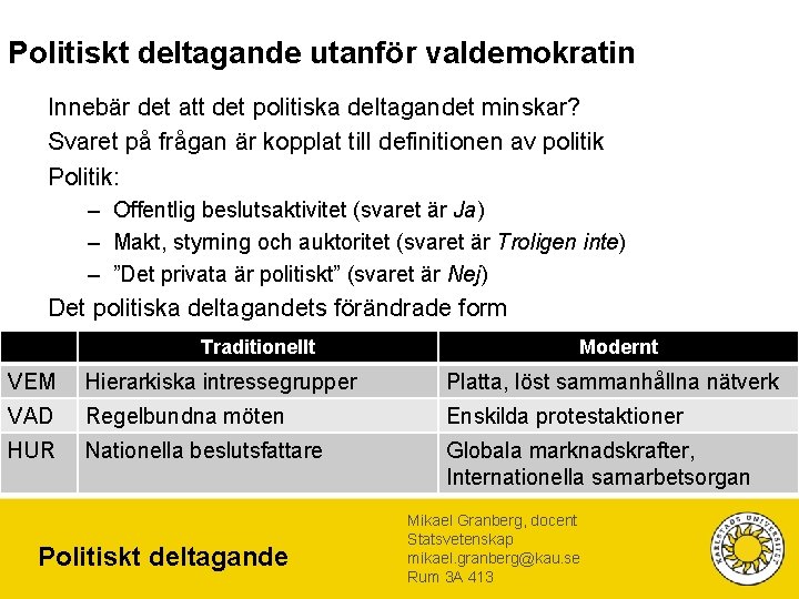 Politiskt deltagande utanför valdemokratin Innebär det att det politiska deltagandet minskar? Svaret på frågan Politiskt deltagande utanför valdemokratin Innebär det att det politiska deltagandet minskar? Svaret på frågan