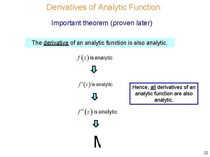 Derivatives of Analytic Function Important theorem (proven later) The derivative of an analytic function