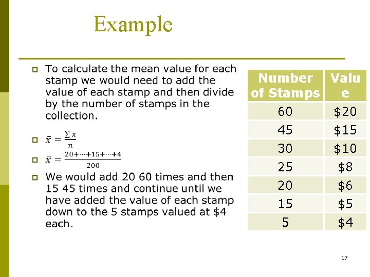 Example (2) Number Valu of Stamps e 60 $20 45 $15 30 $10 25