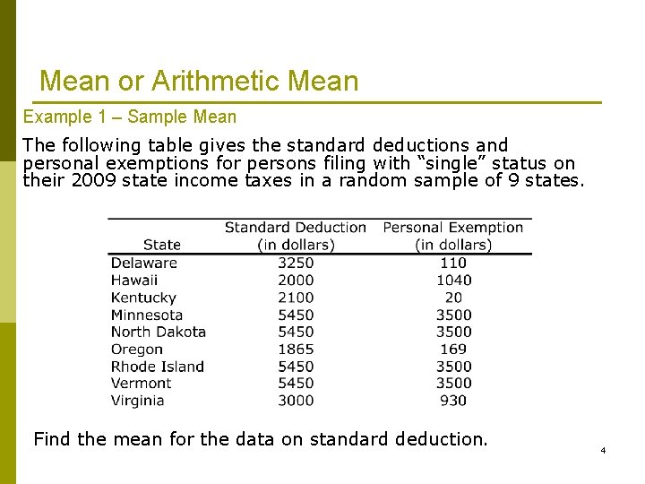 Mean or Arithmetic Mean Example 1 – Sample Mean The following table gives the