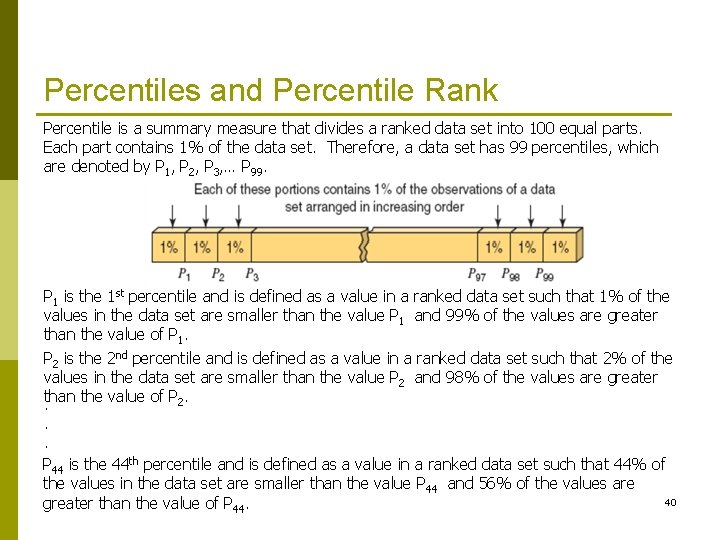 Percentiles and Percentile Rank Percentile is a summary measure that divides a ranked data