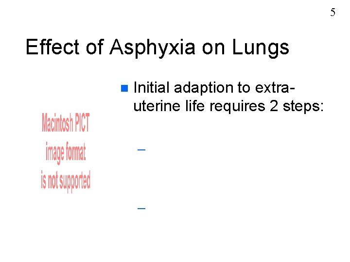 5 Effect of Asphyxia on Lungs n Initial adaption to extrauterine life requires 2