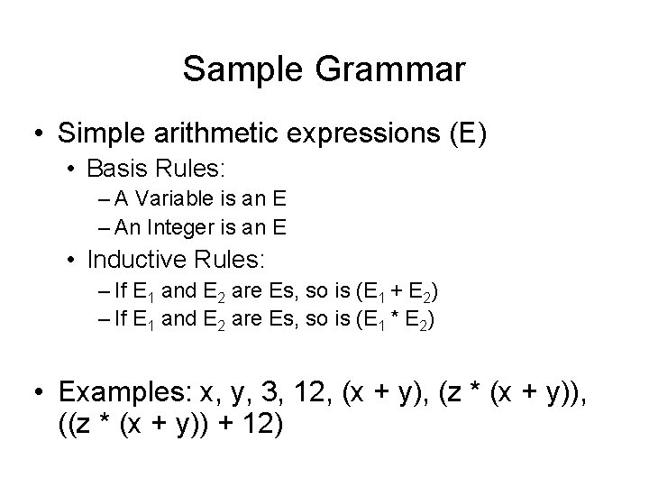 Sample Grammar • Simple arithmetic expressions (E) • Basis Rules: – A Variable is