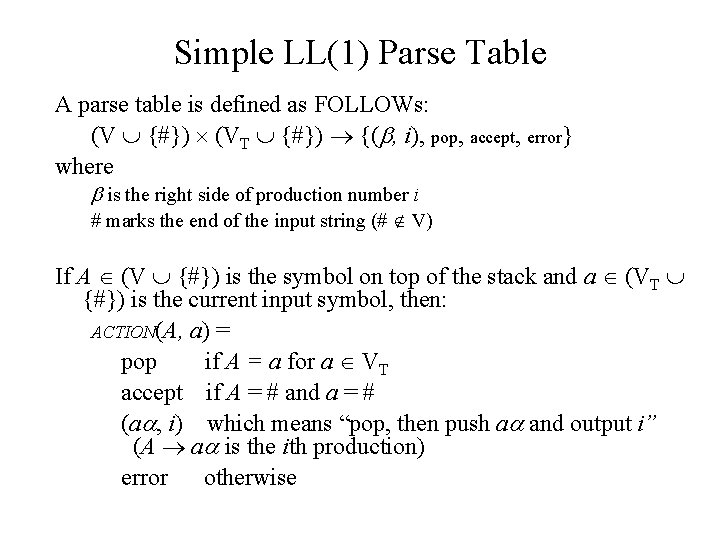 Simple LL(1) Parse Table A parse table is defined as FOLLOWs: (V {#}) (VT