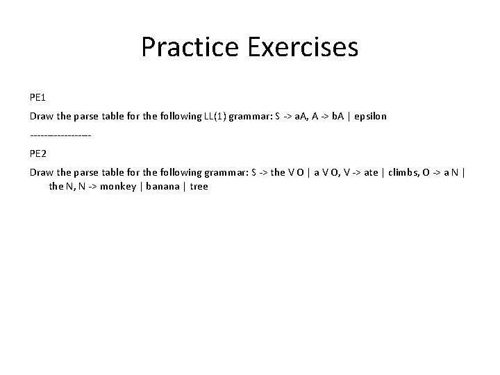 Practice Exercises PE 1 Draw the parse table for the following LL(1) grammar: S