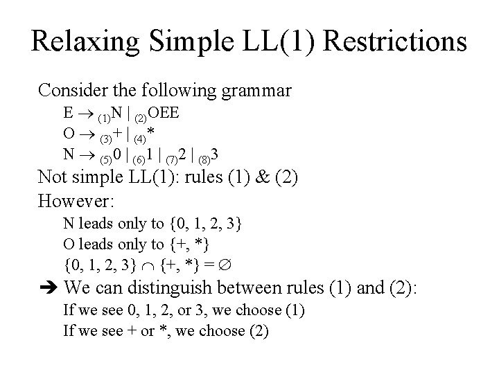 Relaxing Simple LL(1) Restrictions Consider the following grammar E (1)N | (2)OEE O (3)+