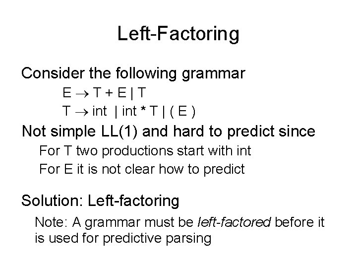 Left-Factoring Consider the following grammar E T+E|T T int | int * T |