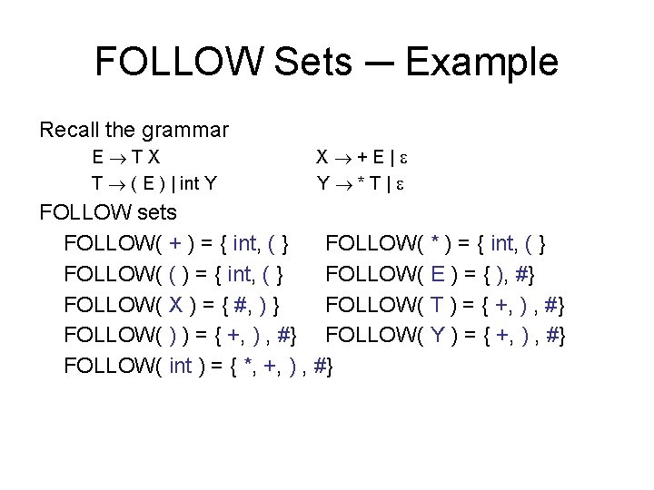 FOLLOW Sets ─ Example Recall the grammar E TX T ( E ) |