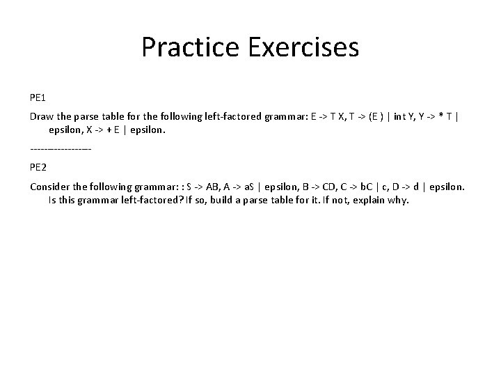 Practice Exercises PE 1 Draw the parse table for the following left-factored grammar: E