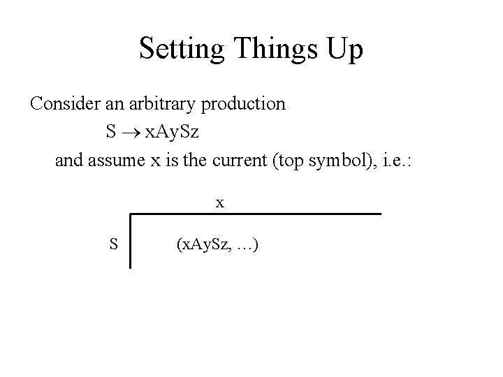Setting Things Up Consider an arbitrary production S x. Ay. Sz and assume x