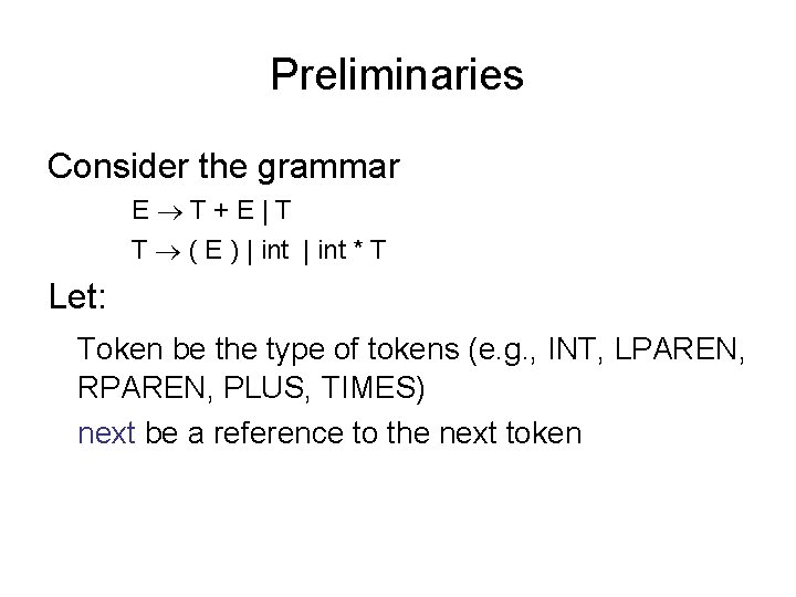 Preliminaries Consider the grammar E T+E|T T ( E ) | int * T