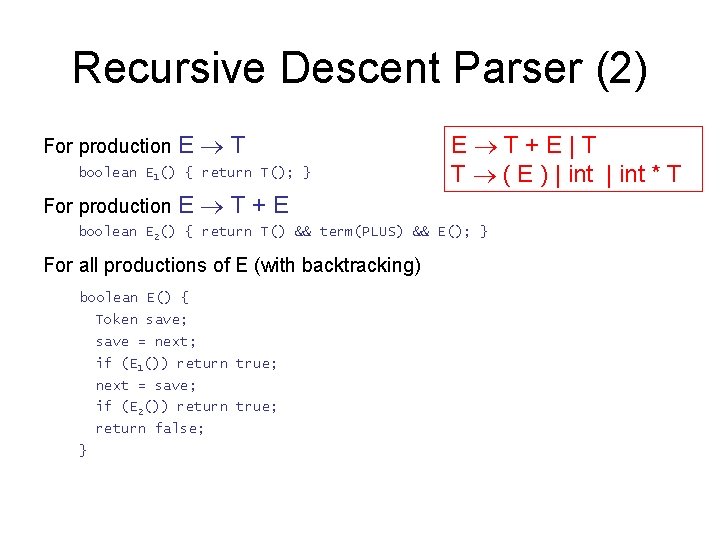 Recursive Descent Parser (2) For production E T boolean E 1() { return T();