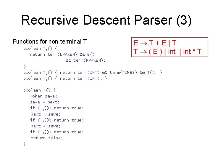 Recursive Descent Parser (3) Functions for non-terminal T E T+E|T T ( E )