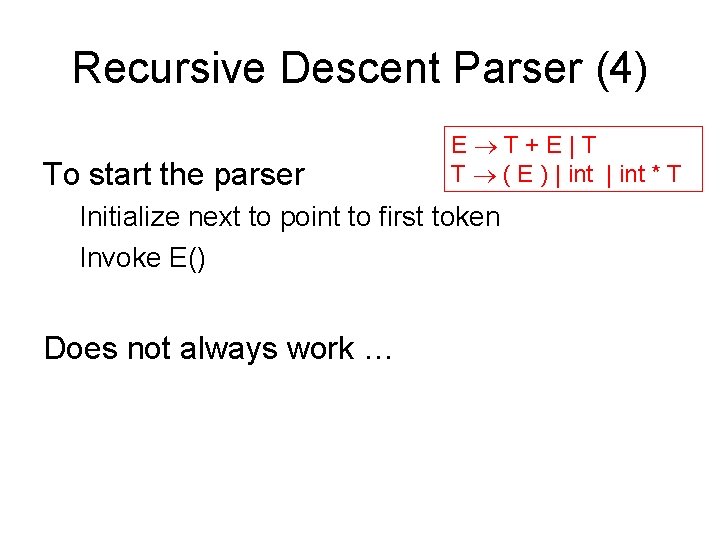 Recursive Descent Parser (4) To start the parser E T+E|T T ( E )
