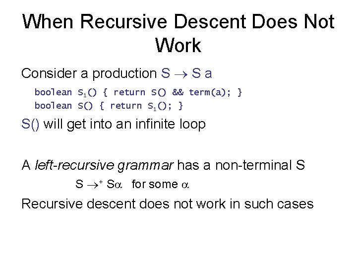 When Recursive Descent Does Not Work Consider a production S S a boolean S